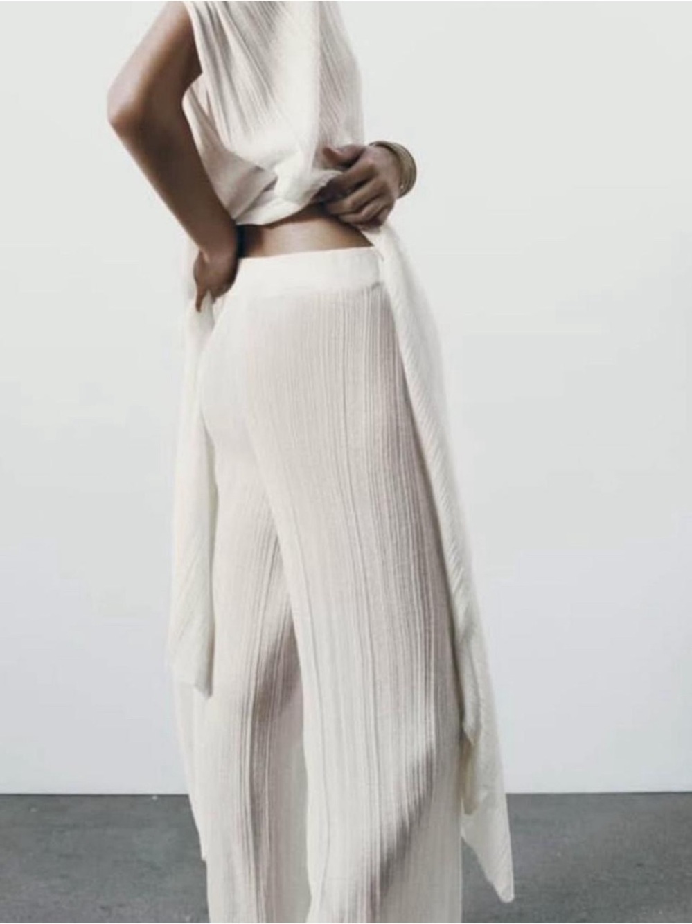 Zara Cream Wide-Leg Ribbed Knit Pants